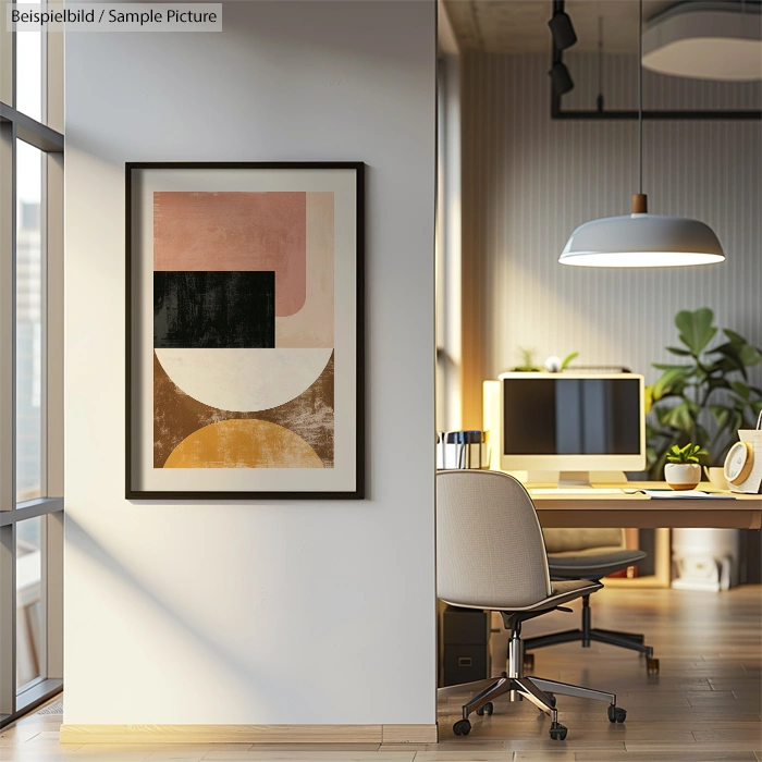 Modern office space with abstract artwork, desk, and computer setup, illuminated by natural light and a hanging lamp.