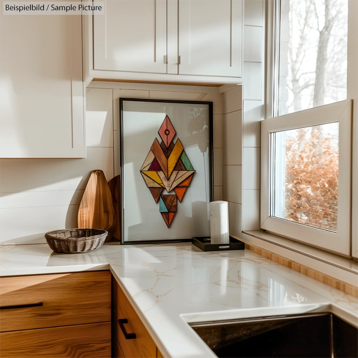 Modern kitchen with geometric artwork, wooden cutting boards, and a candle by a window with outdoor view.