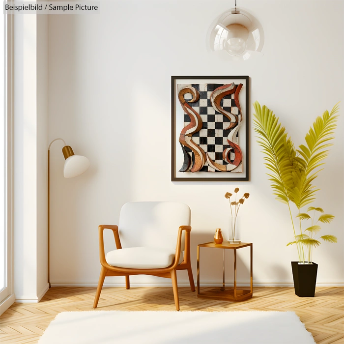 Modern living room with white armchair, side table, and framed wall art above; lit by natural light from large window.