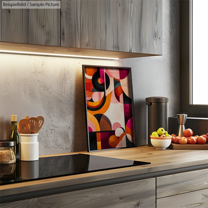 Modern kitchen with abstract art, wooden accents, and a bowl of fruit on the counter.