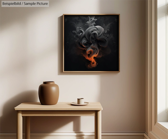 Abstract painting with swirling gray and orange patterns on wall, above wooden table with brown vase and small cup.