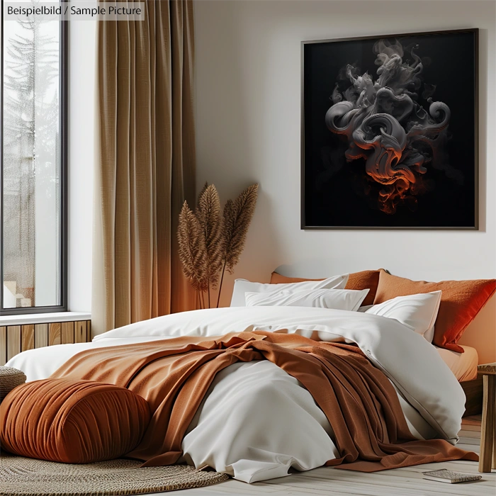 Cozy bedroom with orange and white bedding, earth-toned decor, and abstract smoky artwork on the wall.