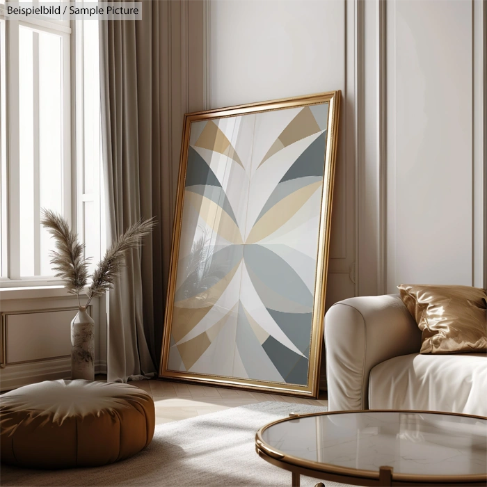 Elegant living room with large abstract geometric painting in gold frame, positioned beside a sofa and round glass table.