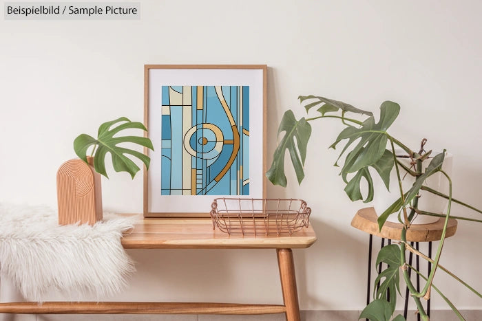 Cozy room scene with abstract framed art, wooden bench, plants, and soft textures.