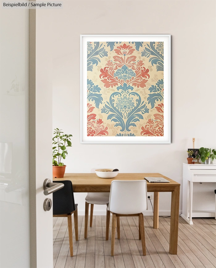 Minimalist dining area with wood table, colorful floral art, houseplants, white walls, and modern chairs.