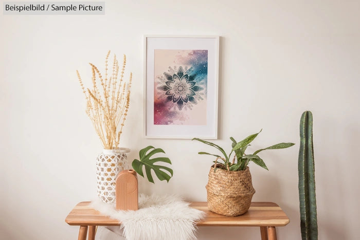 Stylish interior with framed mandala art, wicker plant basket, vase, and cactus on a wooden table.