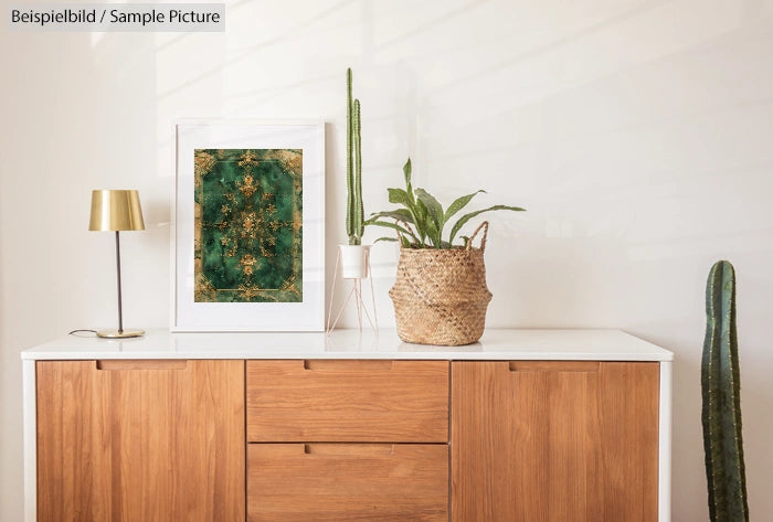 Modern living room with wooden cabinet, plants, and green abstract art on wall.