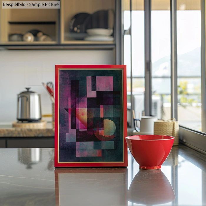 Modern abstract painting with geometric shapes in red, purple, and black, placed next to a red bowl in a kitchen.