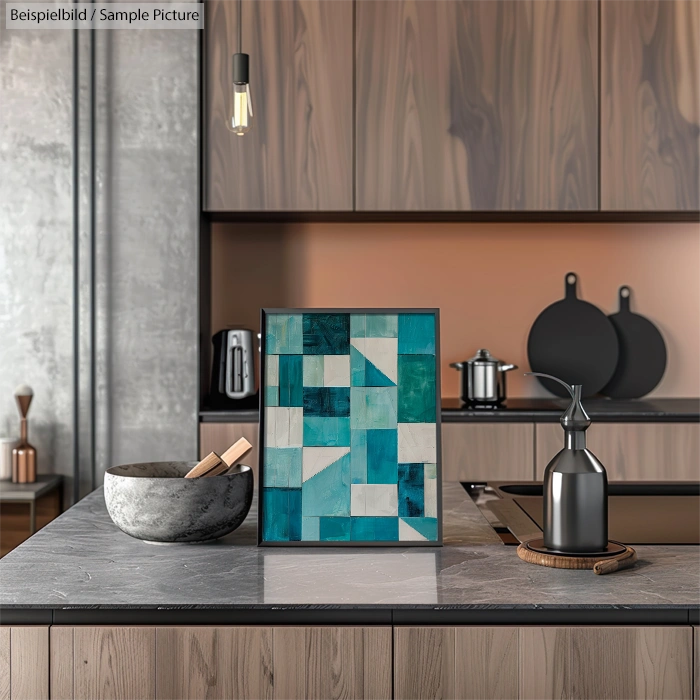 Modern kitchen with wooden cabinets, geometric art piece on counter, and decorative vases and bowls.