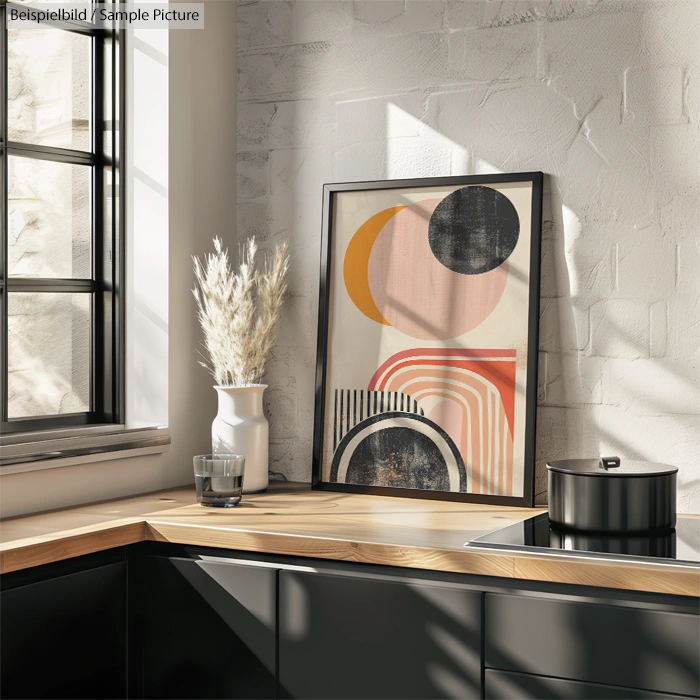 Modern kitchen with black cabinets, wooden counters, decorative art and vase near window with sunlight streaming in.