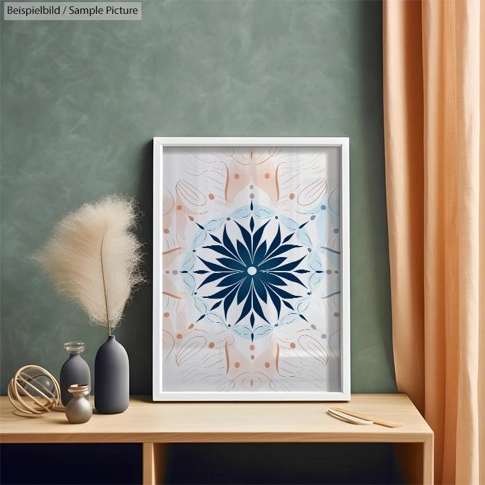 Framed mandala art with blue flower design on wall, next to beige curtain and decorative vases on wooden desk.