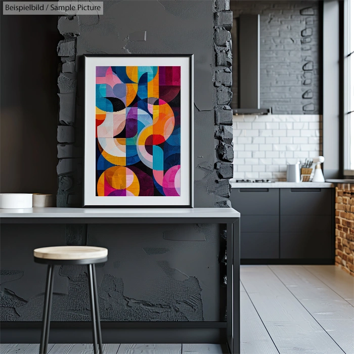 Framed abstract painting with colorful geometric shapes in a modern kitchen setting with brick and tiled walls.