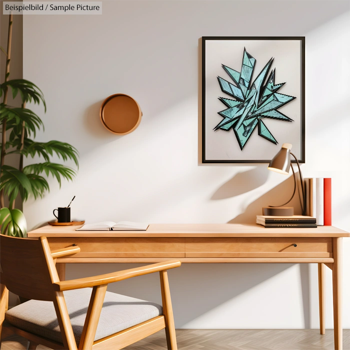 Modern study room with wooden desk, abstract geometric artwork, chair, and potted plant by window.