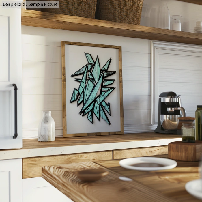 Modern kitchen with wooden shelves featuring abstract geometric art and coffee machine.