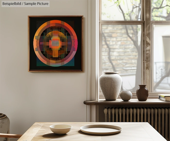 Modern interior with abstract circular painting, vases on windowsill, and wooden table with plates.