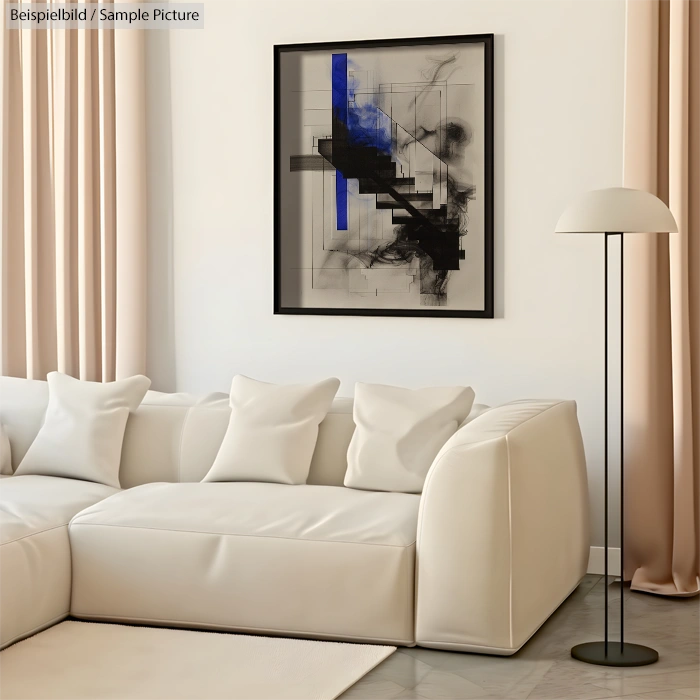 Modern living room with white sofa, abstract painting, and floor lamp.