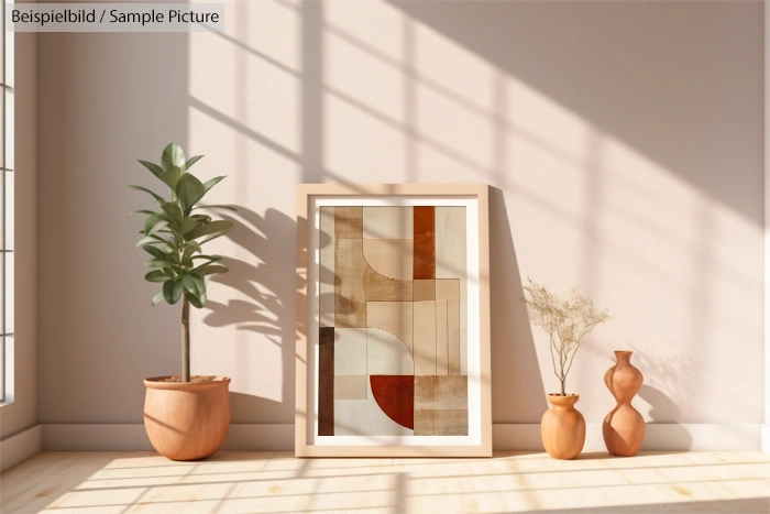 Modern interior with abstract framed art, potted plants, and ceramic vases on a sunlit wooden floor.