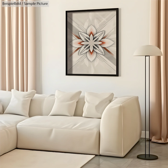 Modern living room with white sofa, floor lamp, and geometric flower wall art.