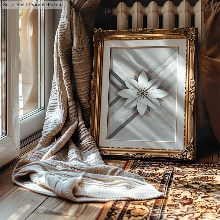 Framed geometric floral art leaning against a radiator, next to a draped beige blanket and patterned rug.