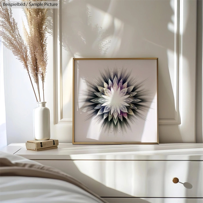 Framed abstract floral artwork on a white dresser with vase and books, sunlight casting shadows.