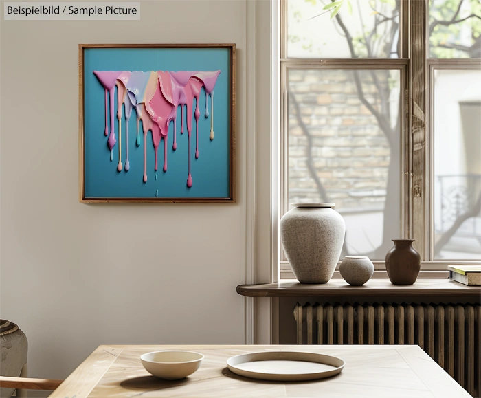 Modern dining room with abstract art and ceramic vases on wooden sideboard near a window.