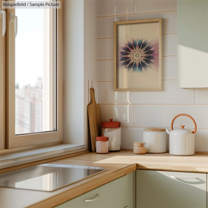 Modern kitchen with light cabinetry, ceramic jars, cutting boards, and framed artwork on tiled wall, with a window view.