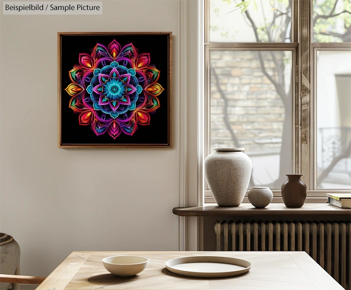 Colorful mandala art hangs on wall in bright room with vases and a plate on a wooden table.