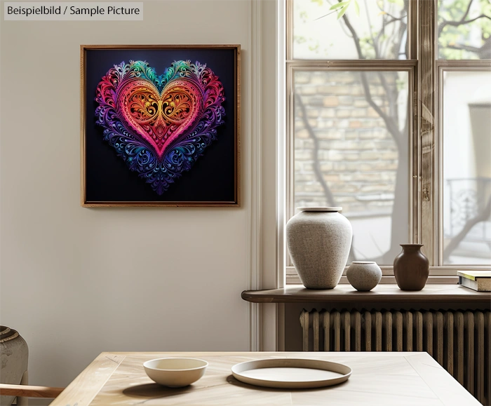 Heart-shaped artwork with vibrant colors on wall near a sunlit window and wooden table with vases.