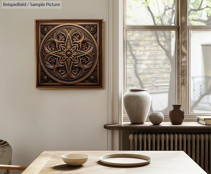 Elegant room with ornate wooden carving on wall, pottery on window ledge, and soft natural light entering through window.