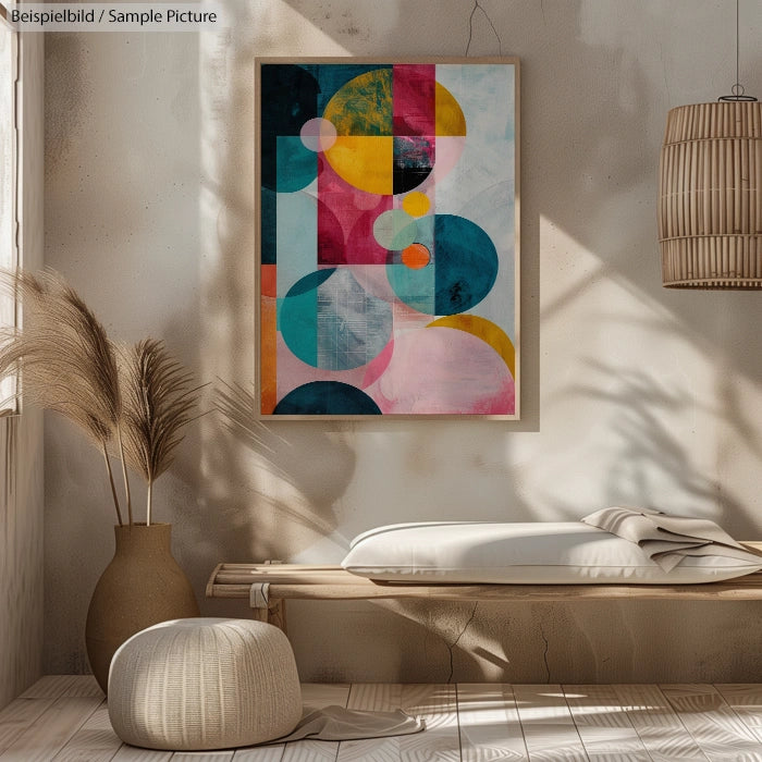 Modern abstract painting with geometric shapes in blue, yellow, pink, and white, displayed in a minimalist room.