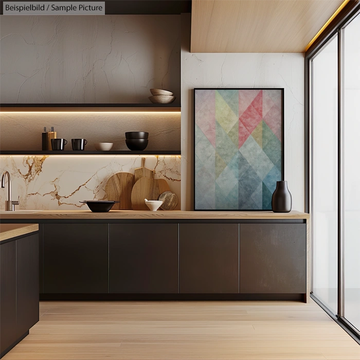 Modern kitchen with marble backsplash, dark cabinets, and a colorful geometric wall art near large windows.