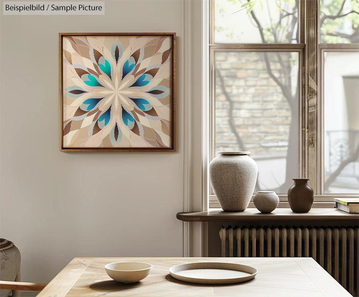 Modern room with abstract flower artwork and ceramic vases on a windowsill.