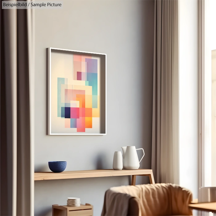 Living room with abstract art on wall and minimalist shelf with vases and bowls.