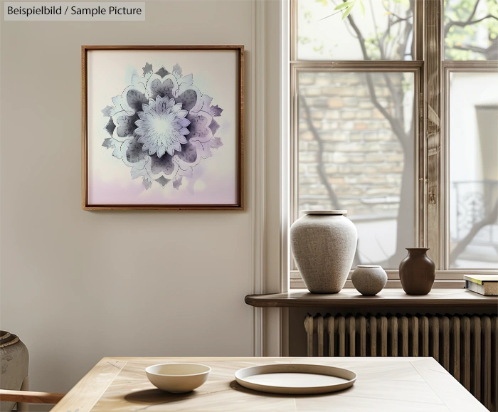 Framed mandala art on wall near a window with pottery and decorative bowls on a table.