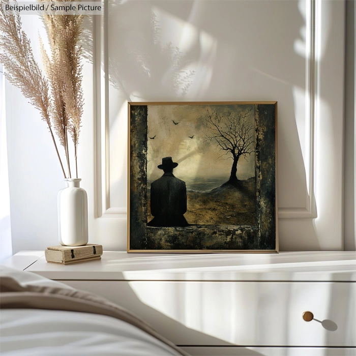 Framed artwork of a solitary figure by a barren tree, with birds flying in a moody sky, displayed on a white chest.