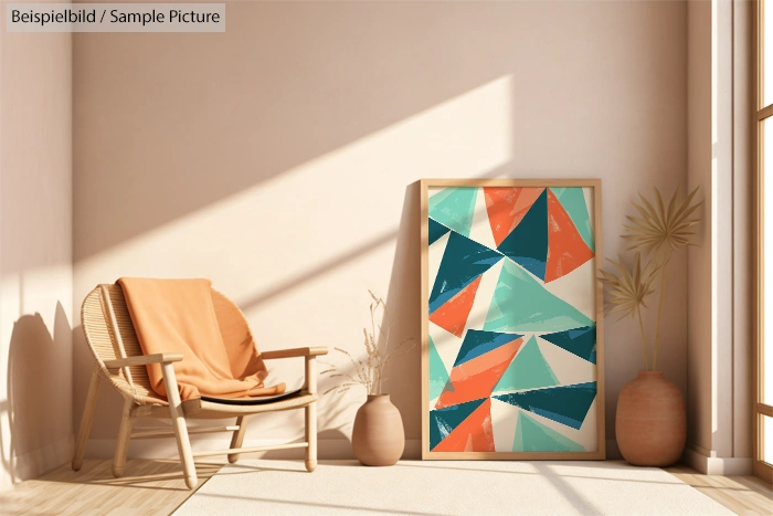 Cozy room with abstract geometric painting, armchair, and potted plant in natural light.