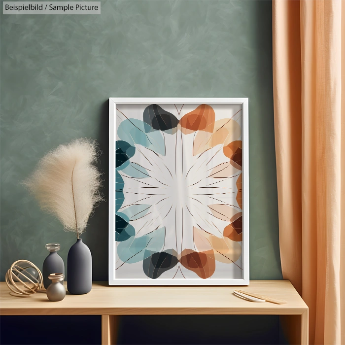 Framed abstract art with blue, orange, and brown circular patterns on a green wall by a wooden table with decor.