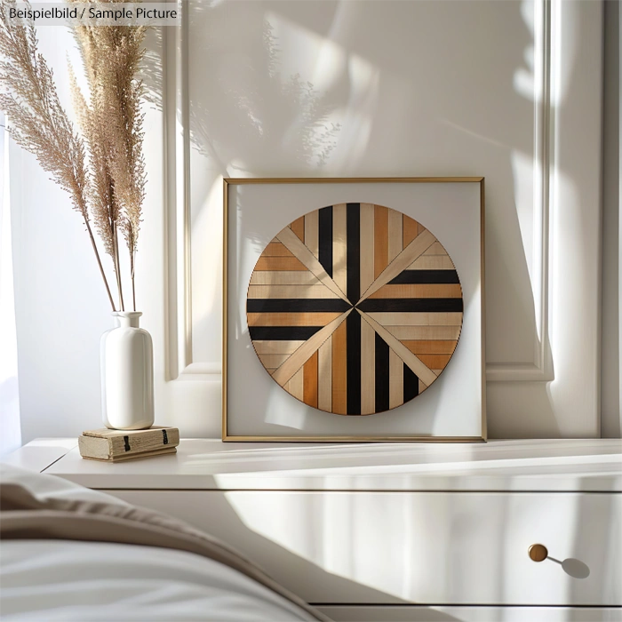 Modern room with decorative framed circle artwork on cabinet, pampas grass in vase, and light streaming through window.