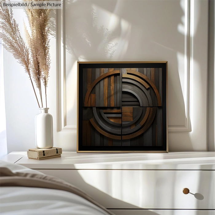 Modern abstract artwork with circular wooden elements on a white dresser beside a vase with dried pampas grass.