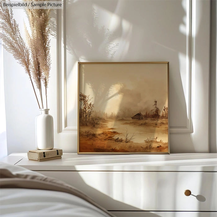 Serene forest landscape painting with warm earthy tones on a white dresser beside a vase of tall pampas grass.