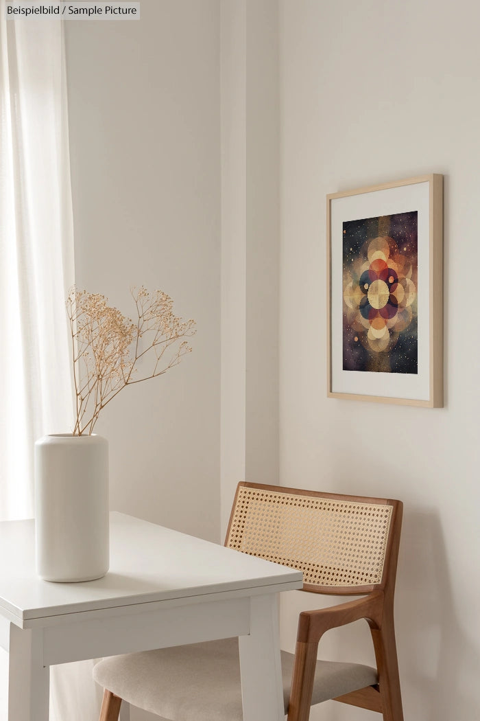 Minimalist dining area with a framed abstract geometric print, wooden chair with cane back, and a white vase on the table.