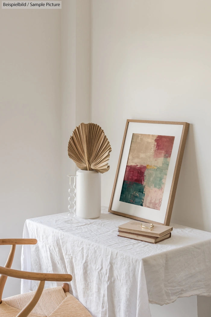 Minimalist interior with abstract art, wooden chair, and decorative leaf in a vase on a white tablecloth.