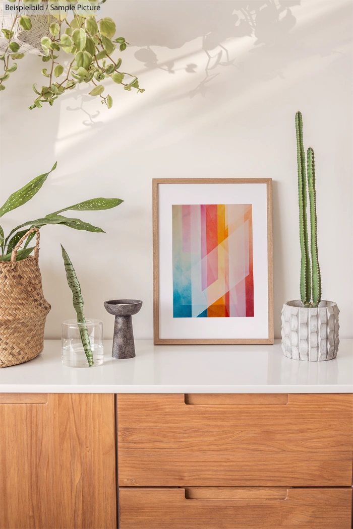 Modern interior with colorful geometric art, potted plants, and wooden cabinet.