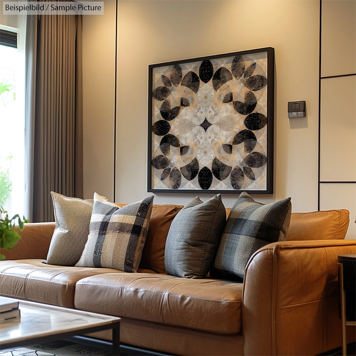 Cozy living room with leather sofa, decorative pillows, and geometric art on the wall.