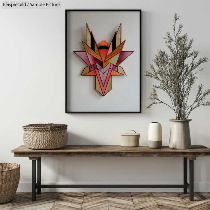 Modern wall art in geometric shapes above a rustic bench with plants and baskets.