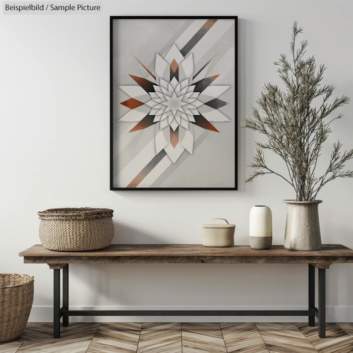 Modern wall art with geometric floral design above a rustic wooden bench and decorative vases.