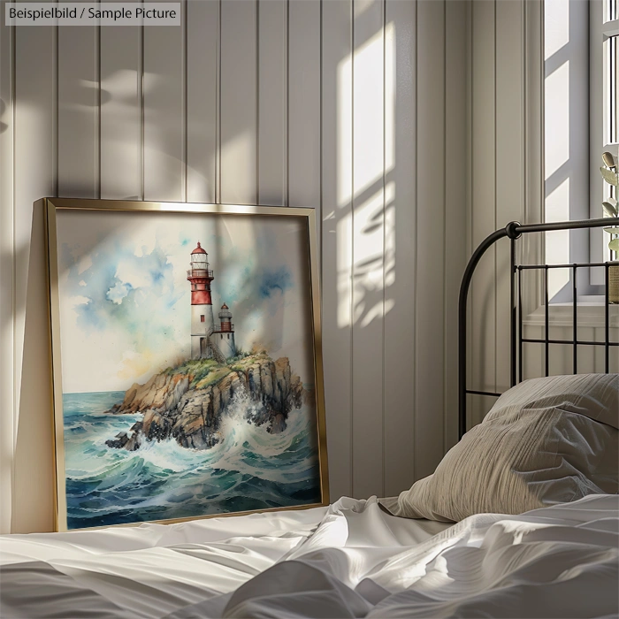 Painting of a lighthouse on a rocky island with waves, leaning against a bed in a sunlit room with white walls.