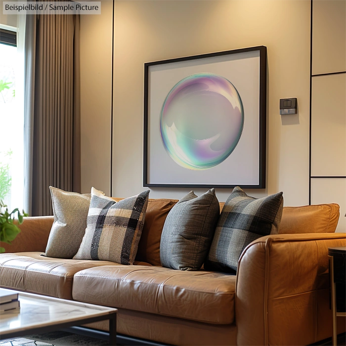 Modern living room with tan leather sofa, assorted cushions, and circular art on wall.