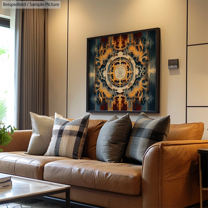 Modern living room with a leather sofa, patterned cushions, and an abstract painting on the wall above the couch.