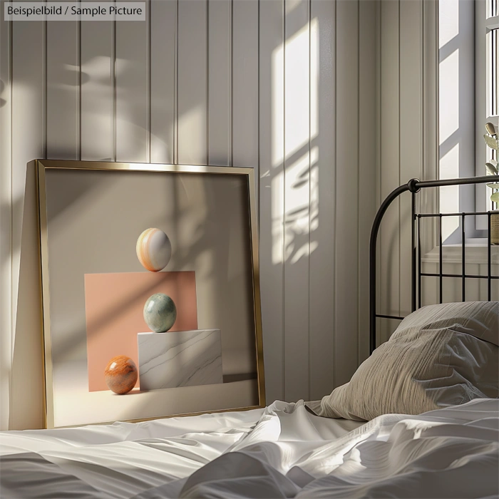 Framed geometric art print leaning on sunlit wall beside a cozy, unmade bed with beige and white bedding.